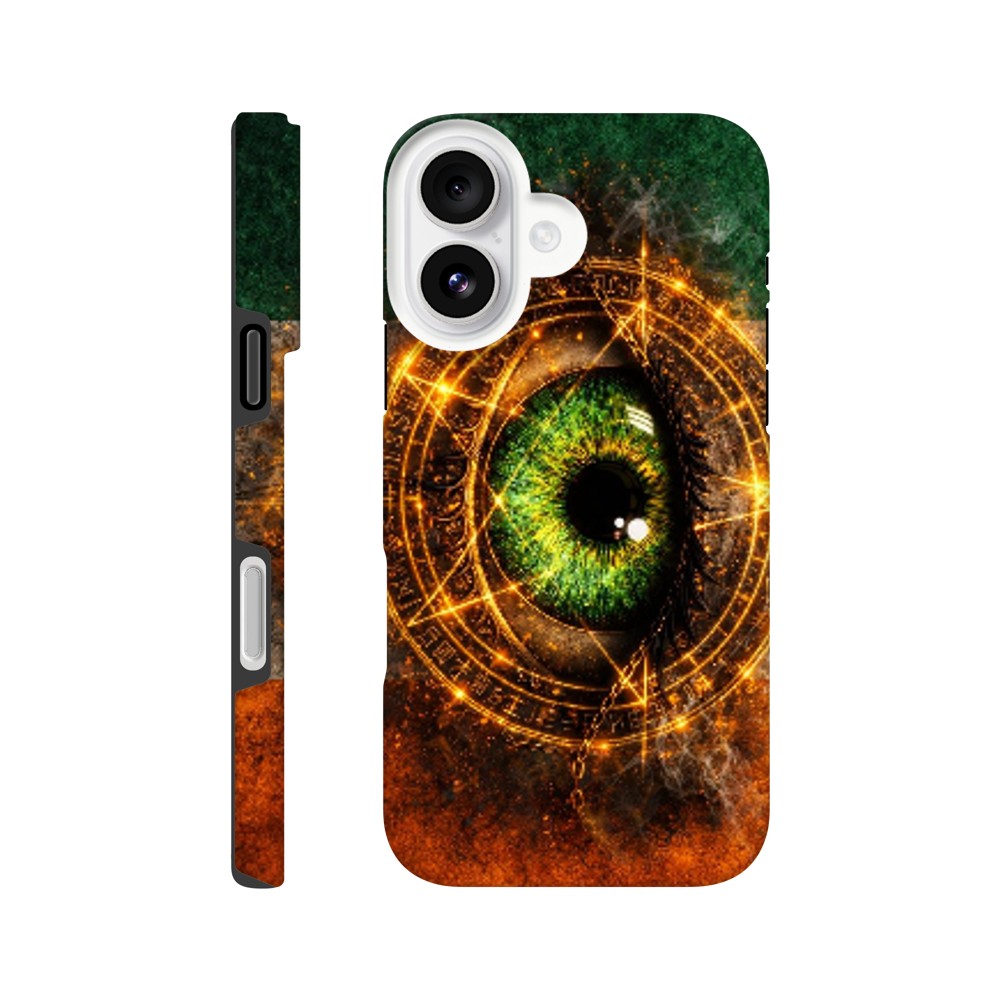 Phone case with eye design and mystical symbols on a white background