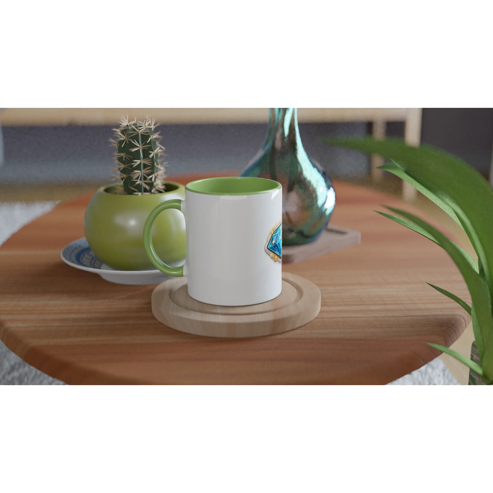 White mug with green handle on a wooden table with decorative items