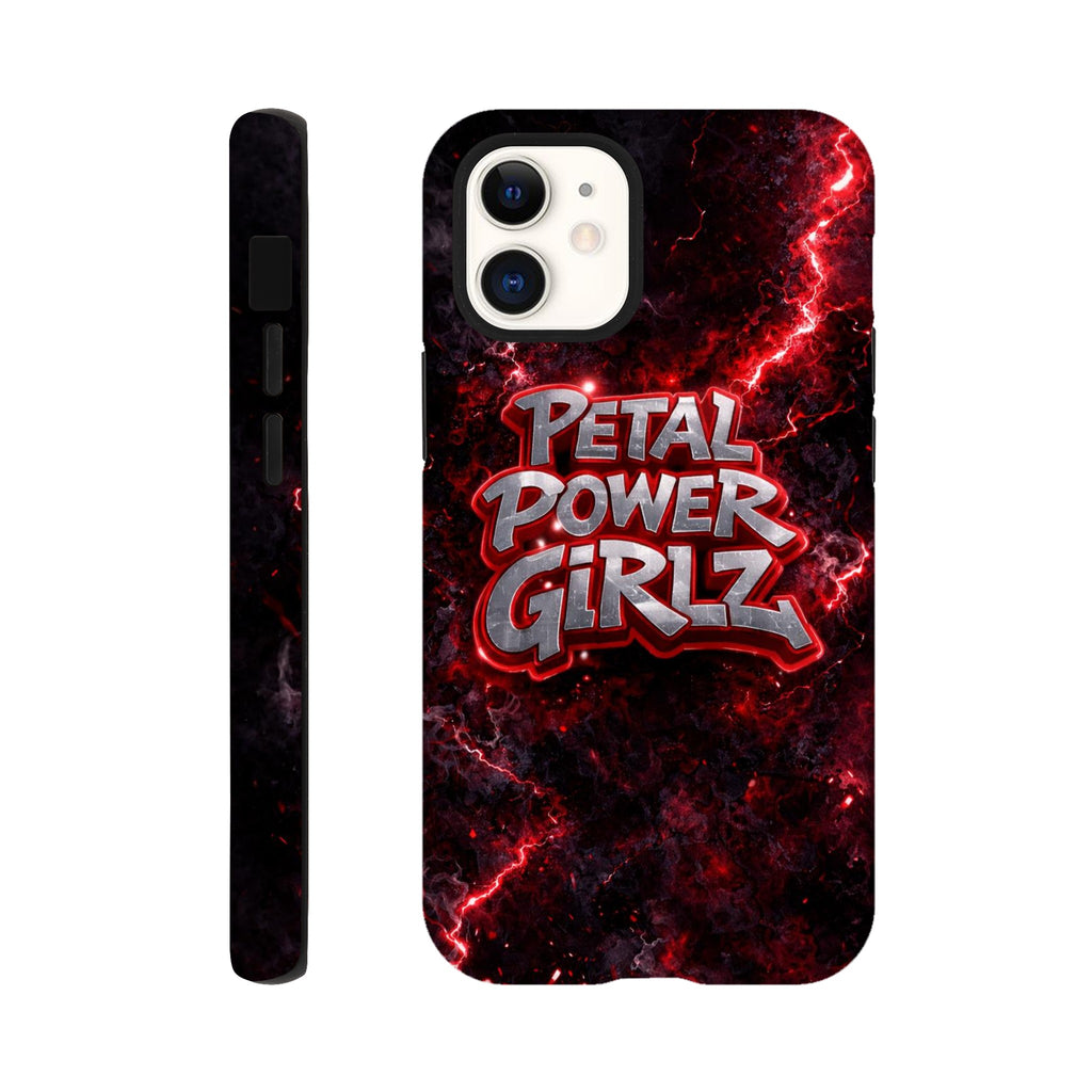 Phone case with 'Petal Power Girlz' design on a dark background
