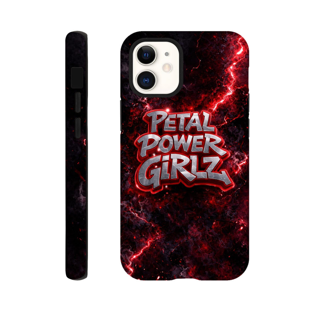 Phone case with 'Petal Power Girlz' design on a dark background