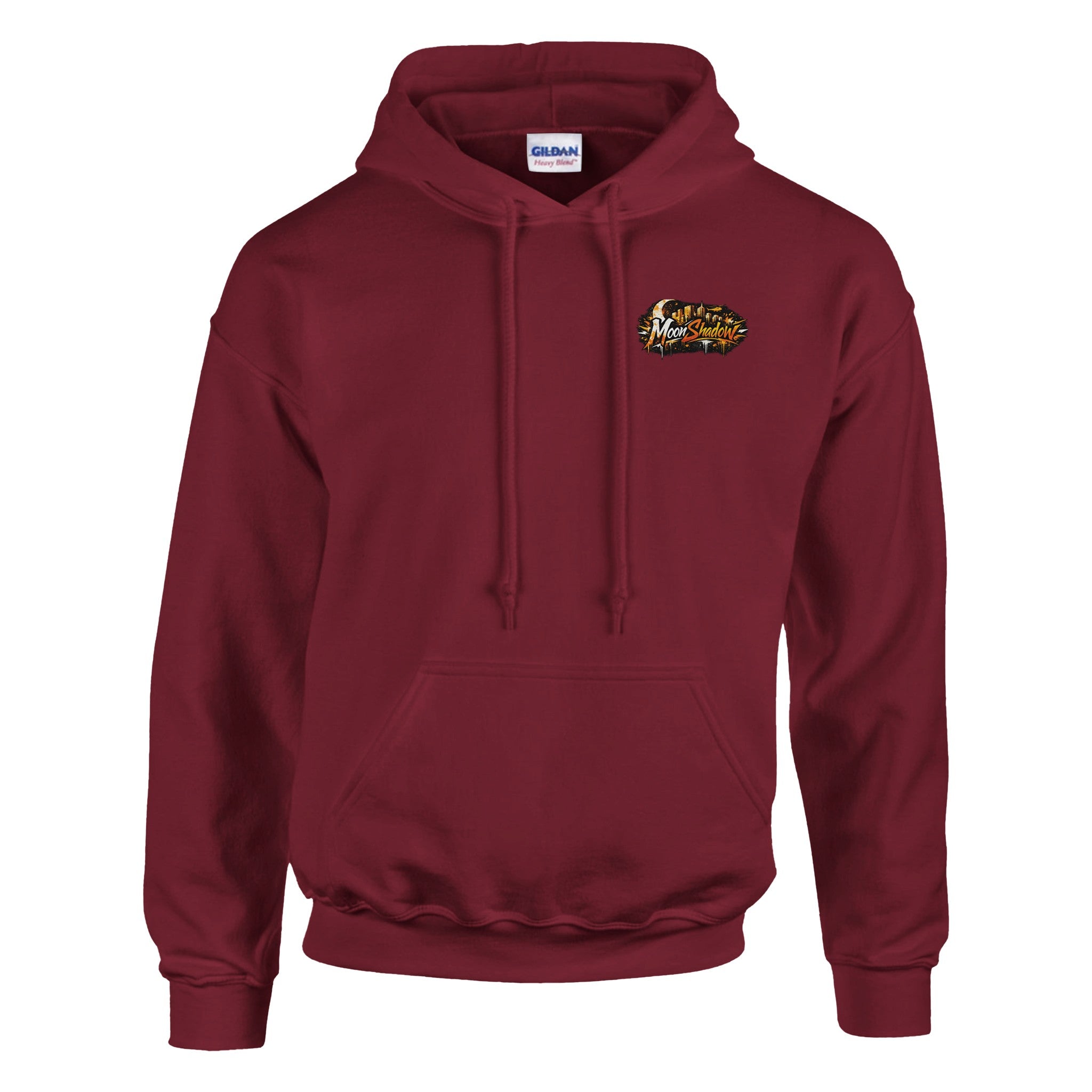 Maroon hoodie with a small logo on a white background