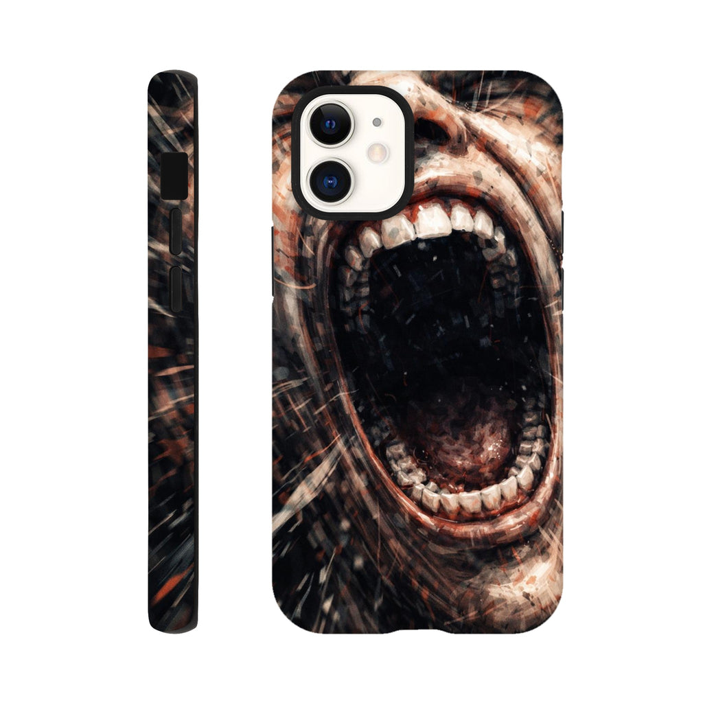 Phone case with a roaring dinosaur design on a white background