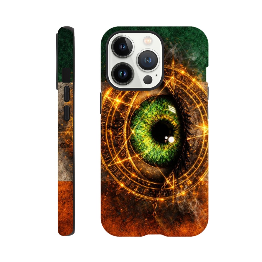 Phone case with eye design and mystical symbols on a white background