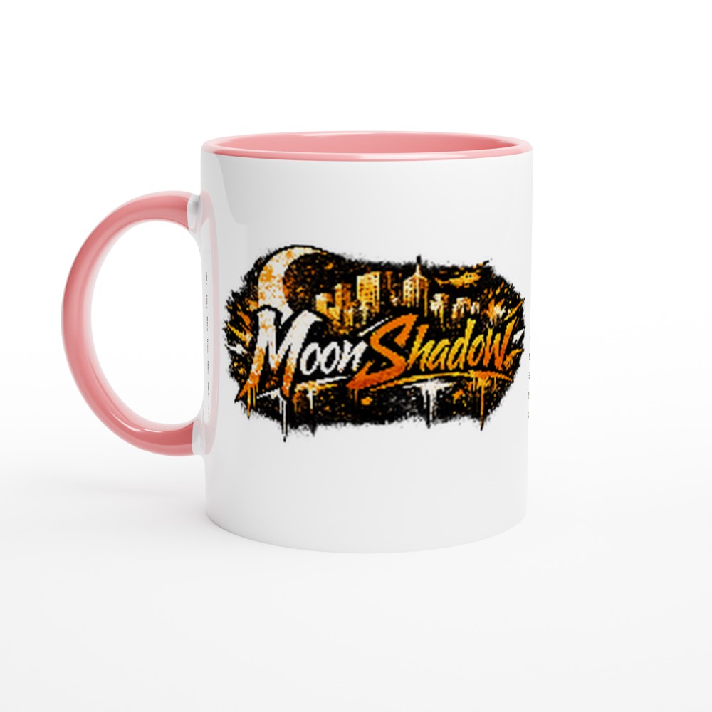 White mug with pink handle featuring 'Moon Shadow' design on a white background