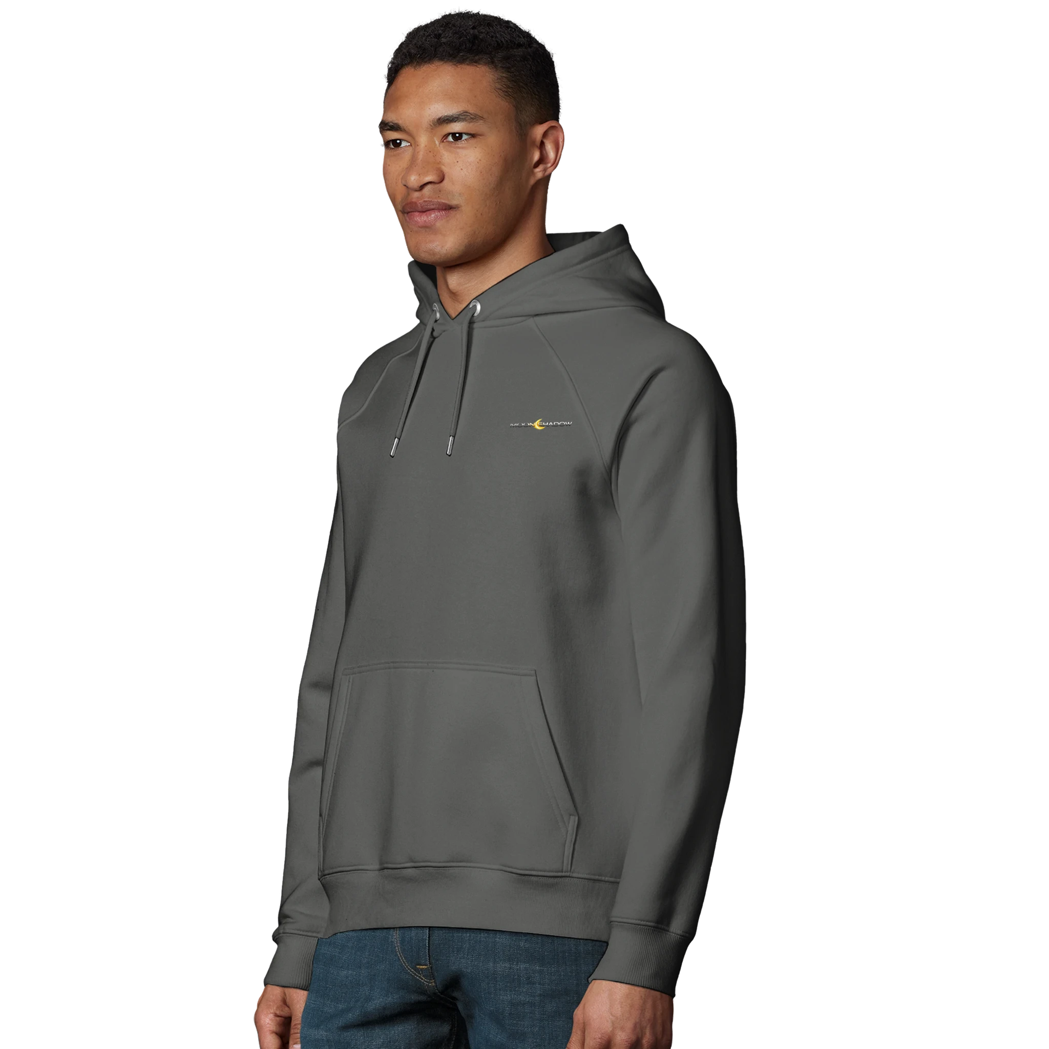 Man wearing a gray hoodie with a logo on a white background