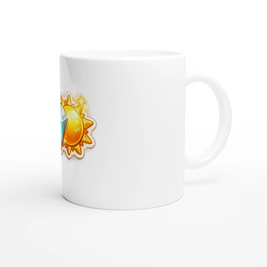 White mug with a sun design on a white background