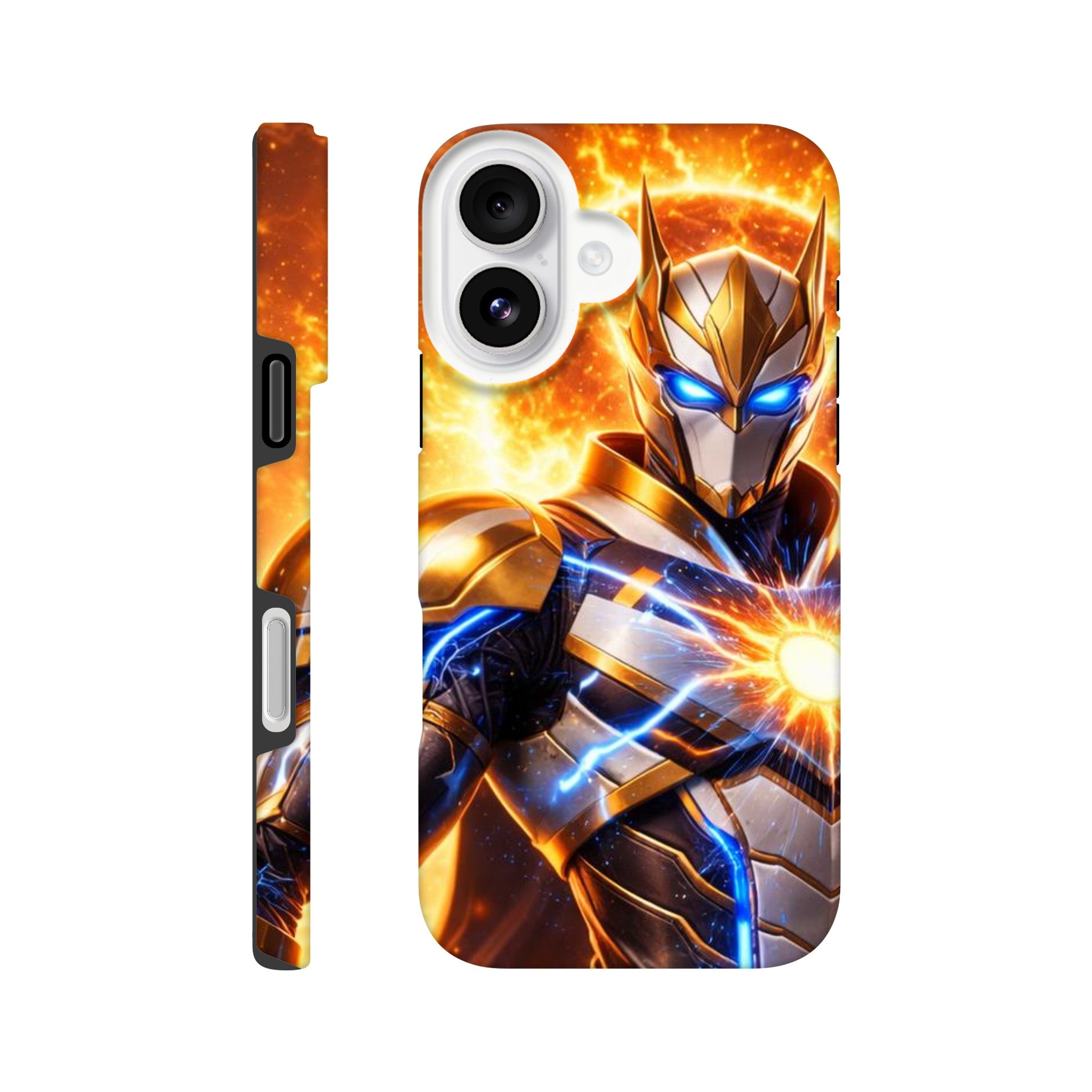 Phone case with superhero design featuring flames and energy effects on a white background