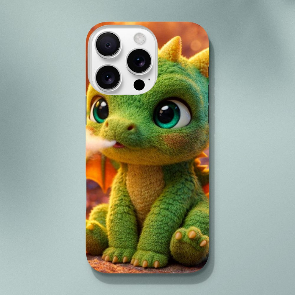 Phone case with a green dinosaur design on a gray background