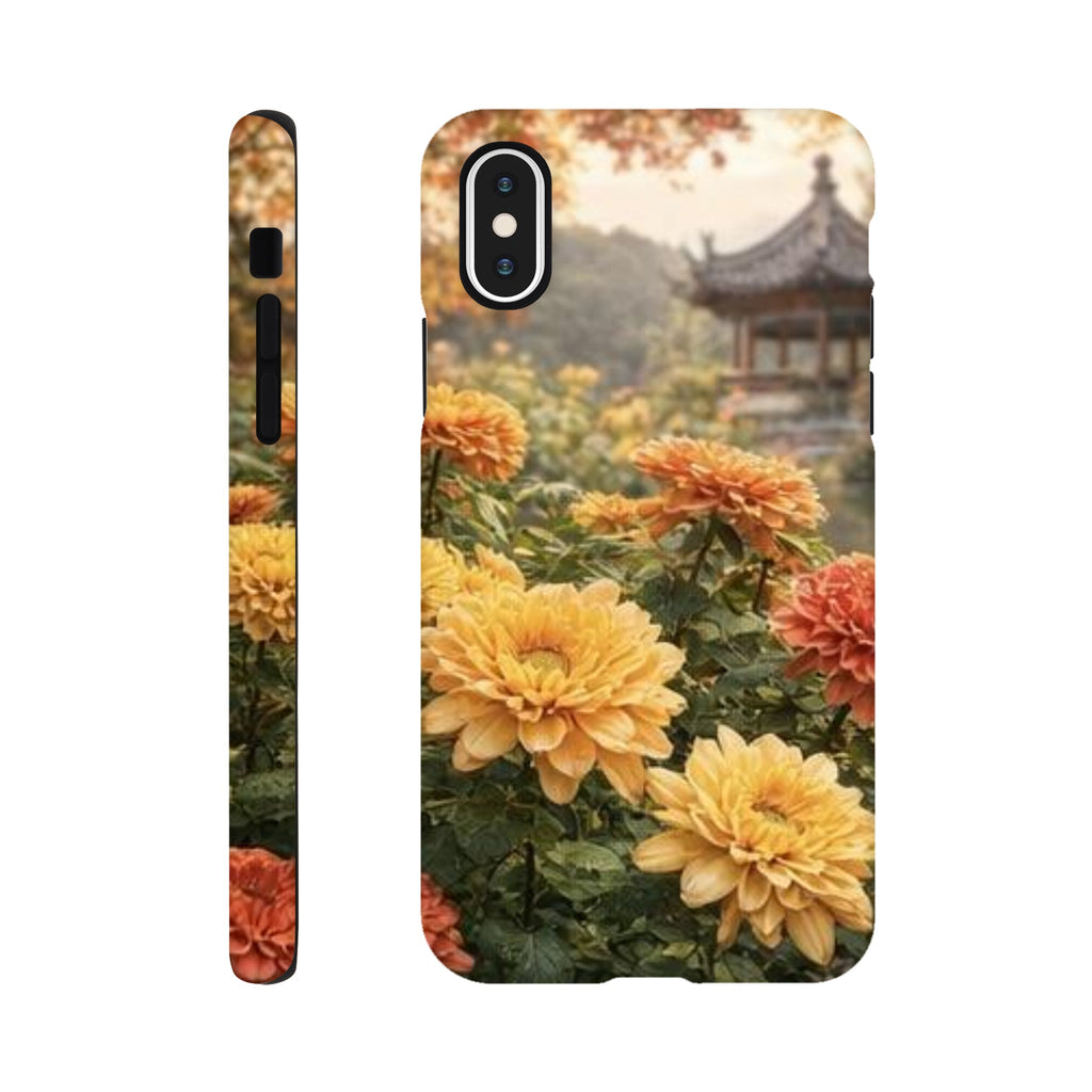 Phone case with yellow flowers and traditional building in the background