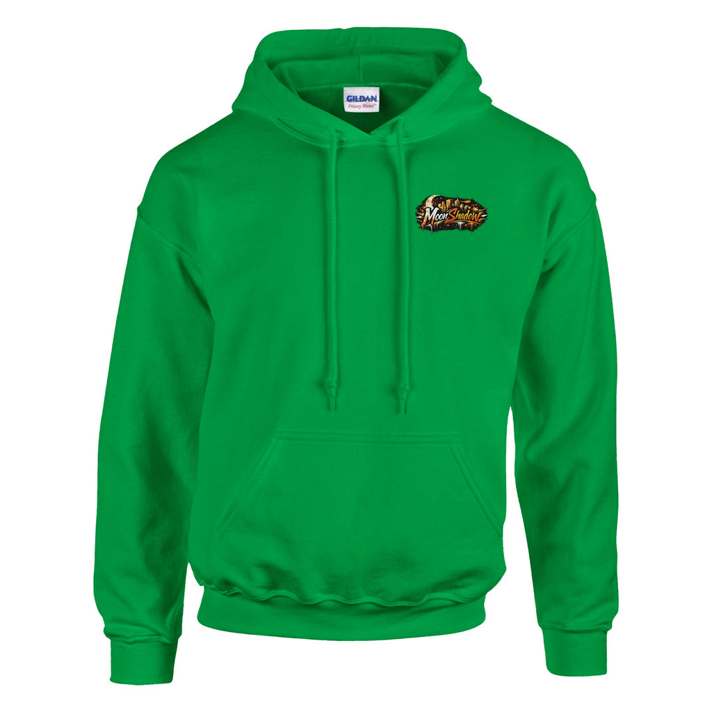 Green hoodie with a logo on the chest against a white background