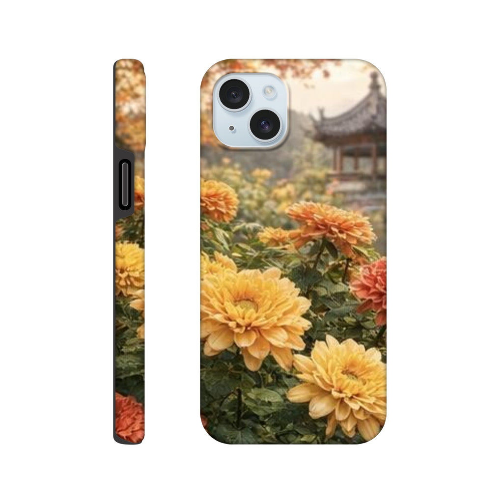 Phone case with yellow flowers and traditional building background