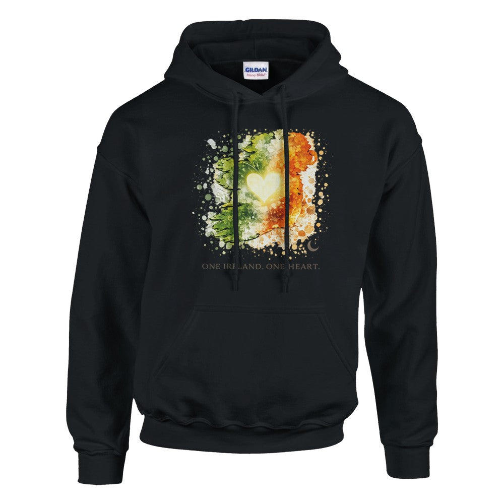 Black hoodie with a colorful design and text on a white background