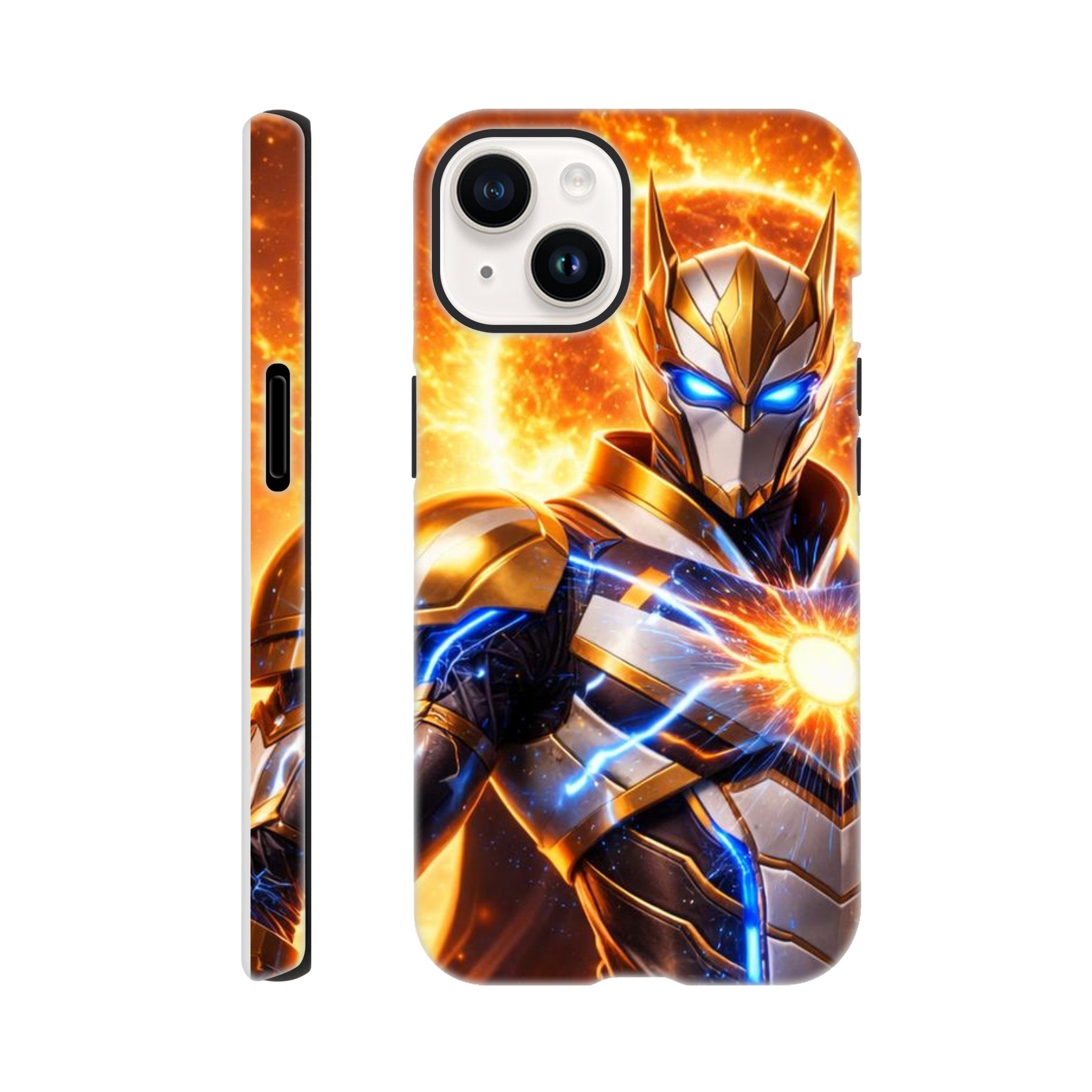 Phone case with superhero design featuring flames and lightning on a white background