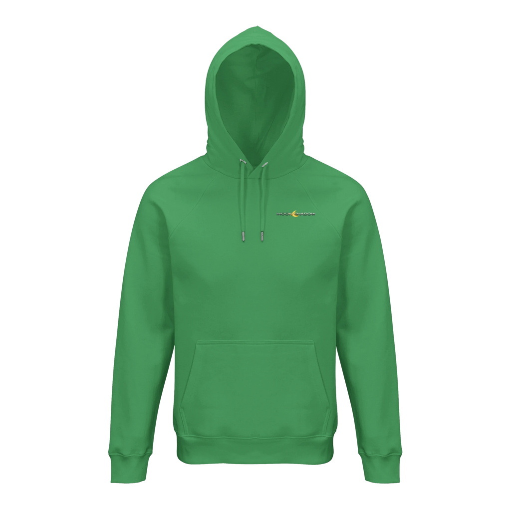 Green hoodie with a small logo on a white background