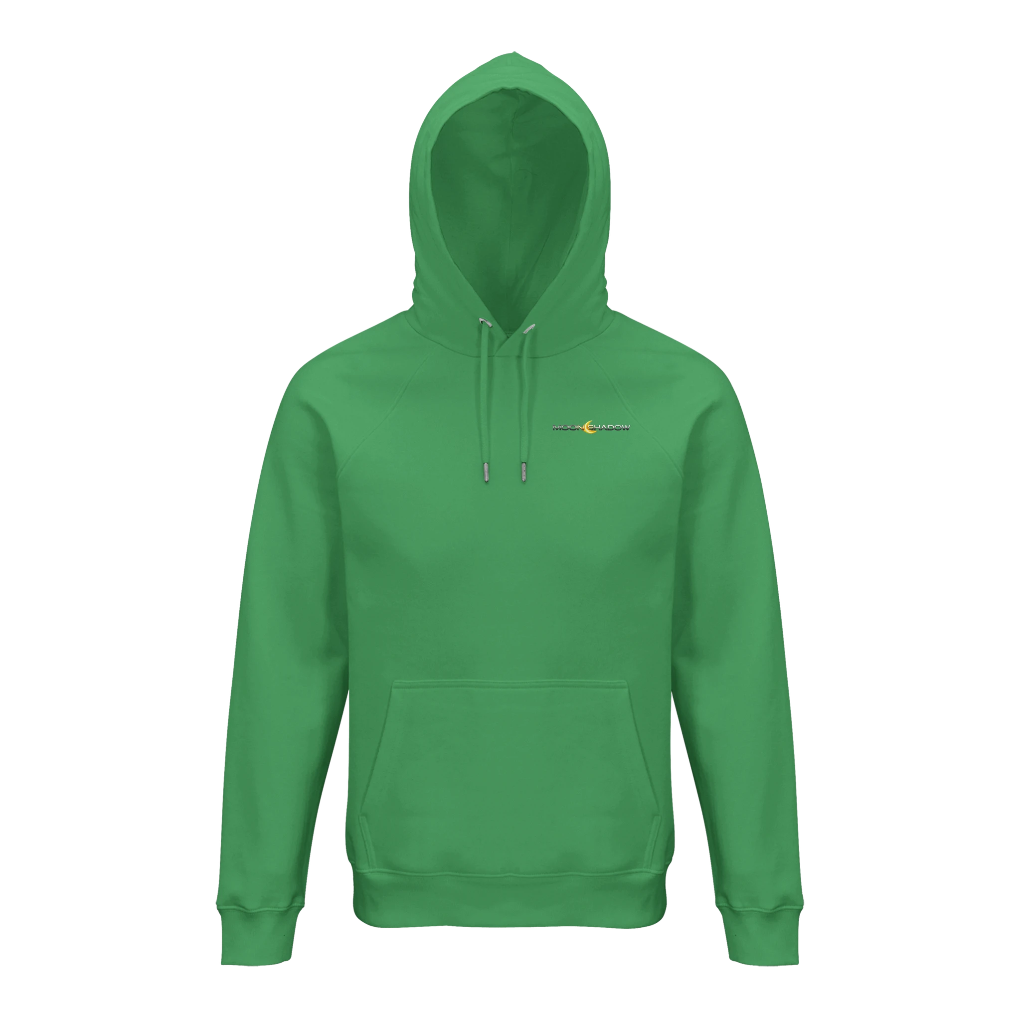 Green hoodie with a small logo on a white background