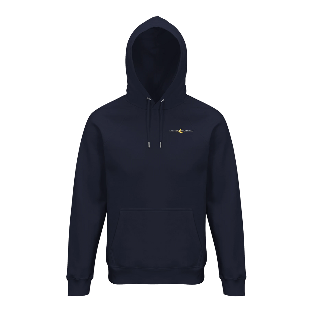 Navy blue hoodie with a logo on the chest against a white background