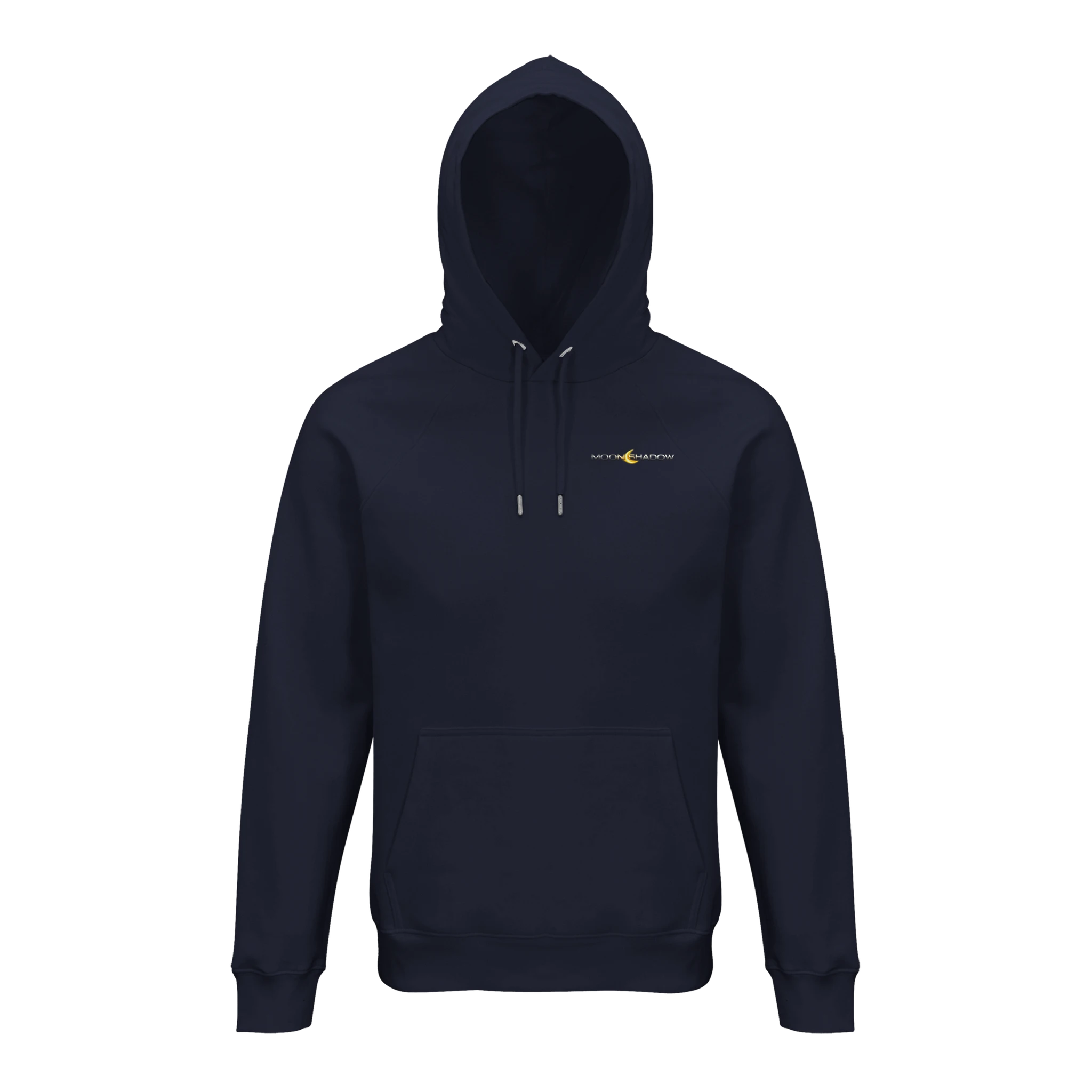 Navy blue hoodie with a logo on the chest against a white background