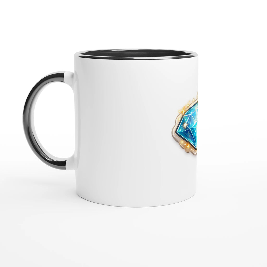White mug with black handle featuring a colorful geometric design on a white background
