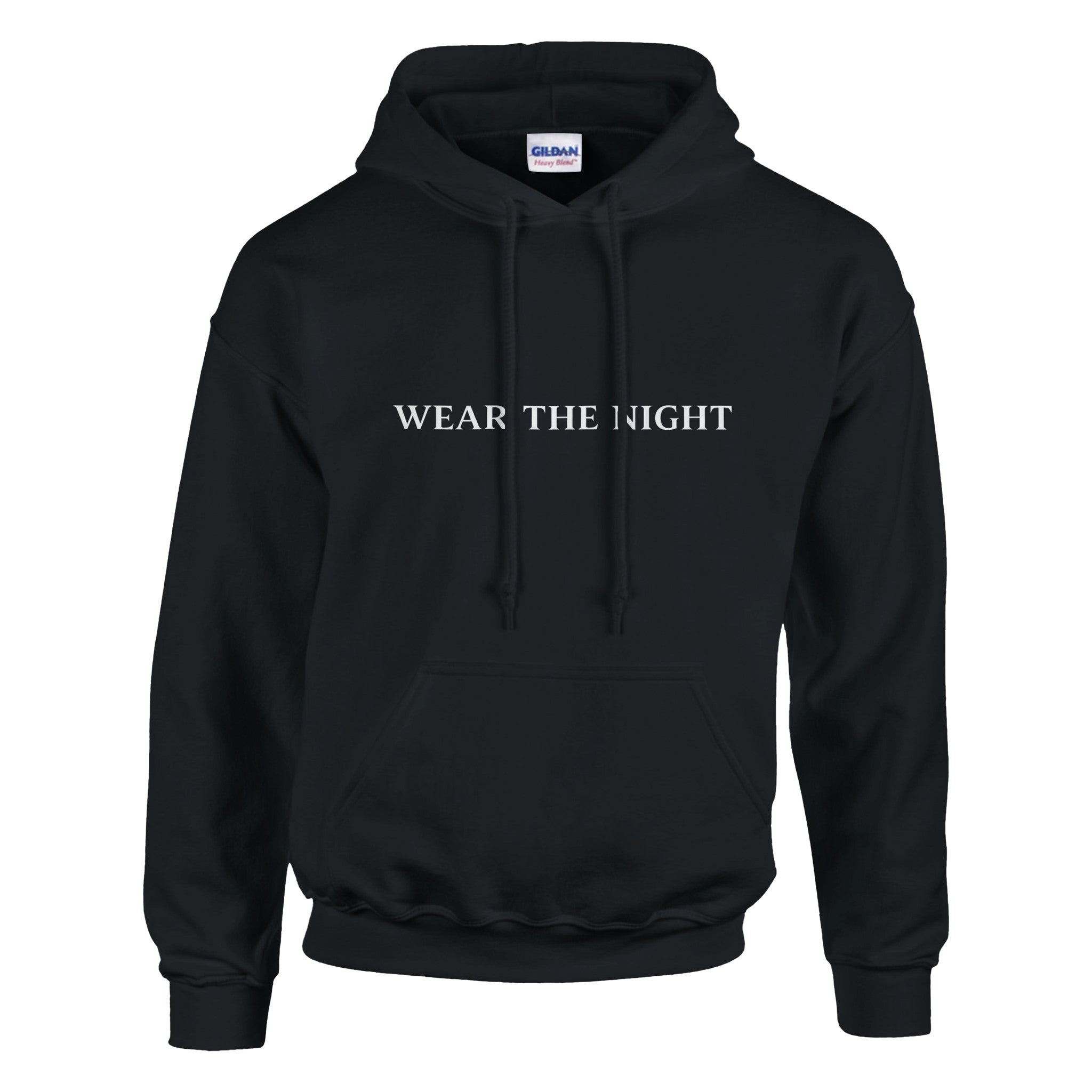 Black hoodie with a logo on the chest against a white background