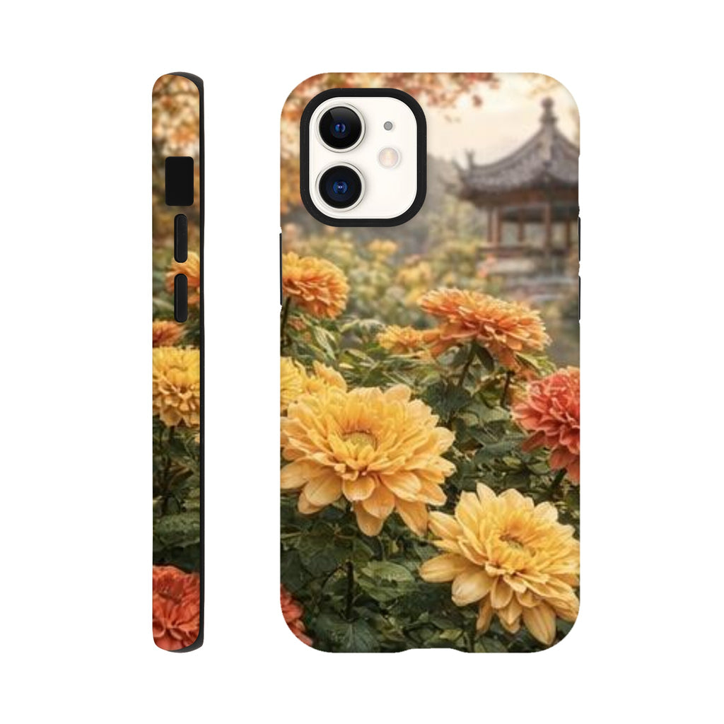 Phone case with yellow flowers and traditional architecture in the background