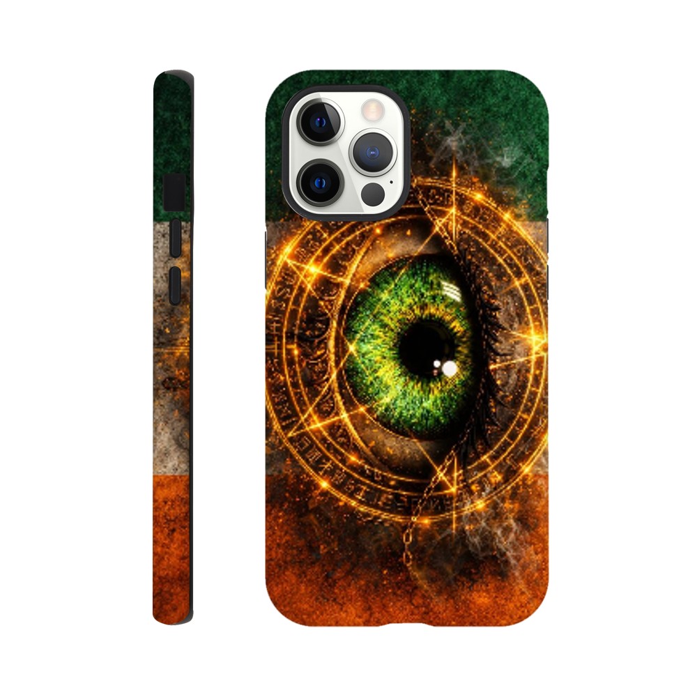 Phone case with eye design and mystical symbols on a white background