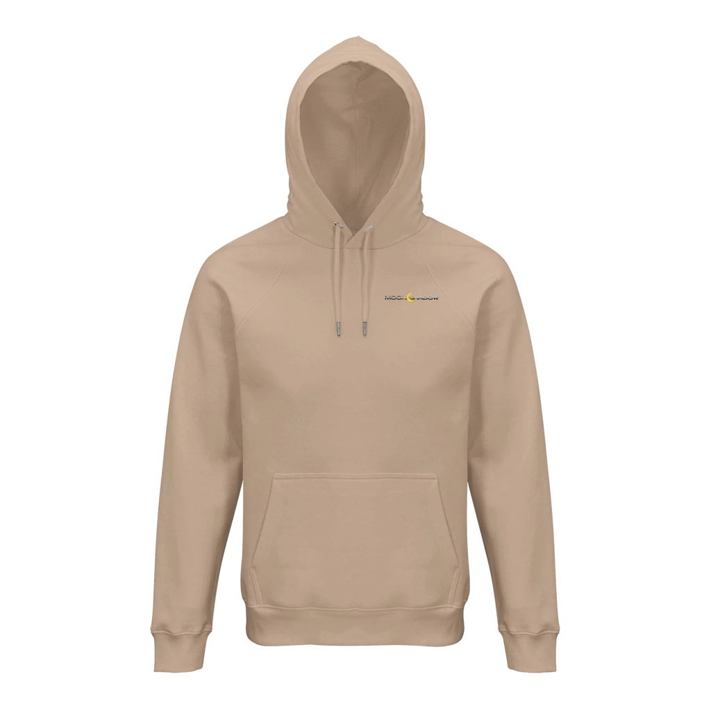 Beige hoodie with a logo on the chest against a white background