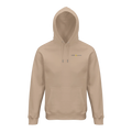 Beige hoodie with a logo on the chest against a white background