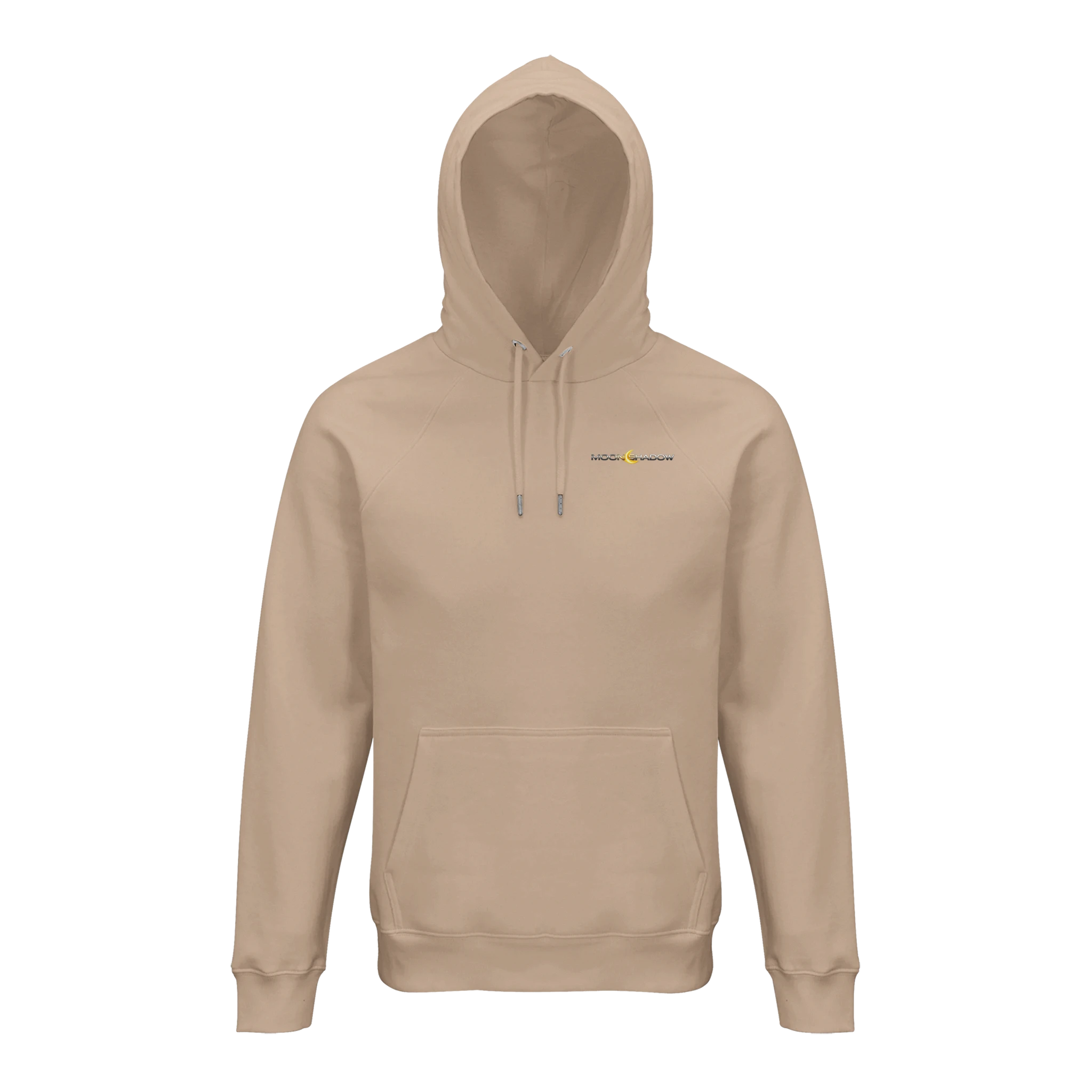 Beige hoodie with a logo on the chest against a white background