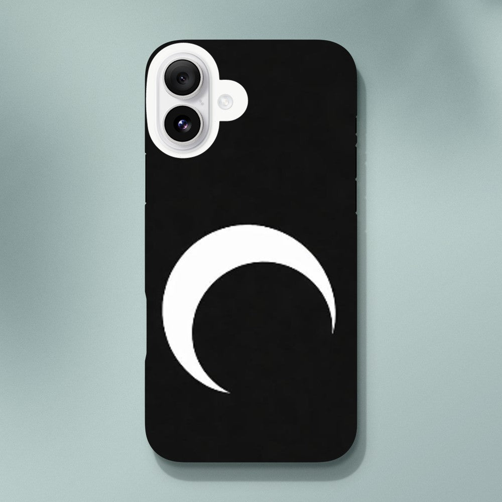 Black phone case with a white crescent moon design on a light gray background