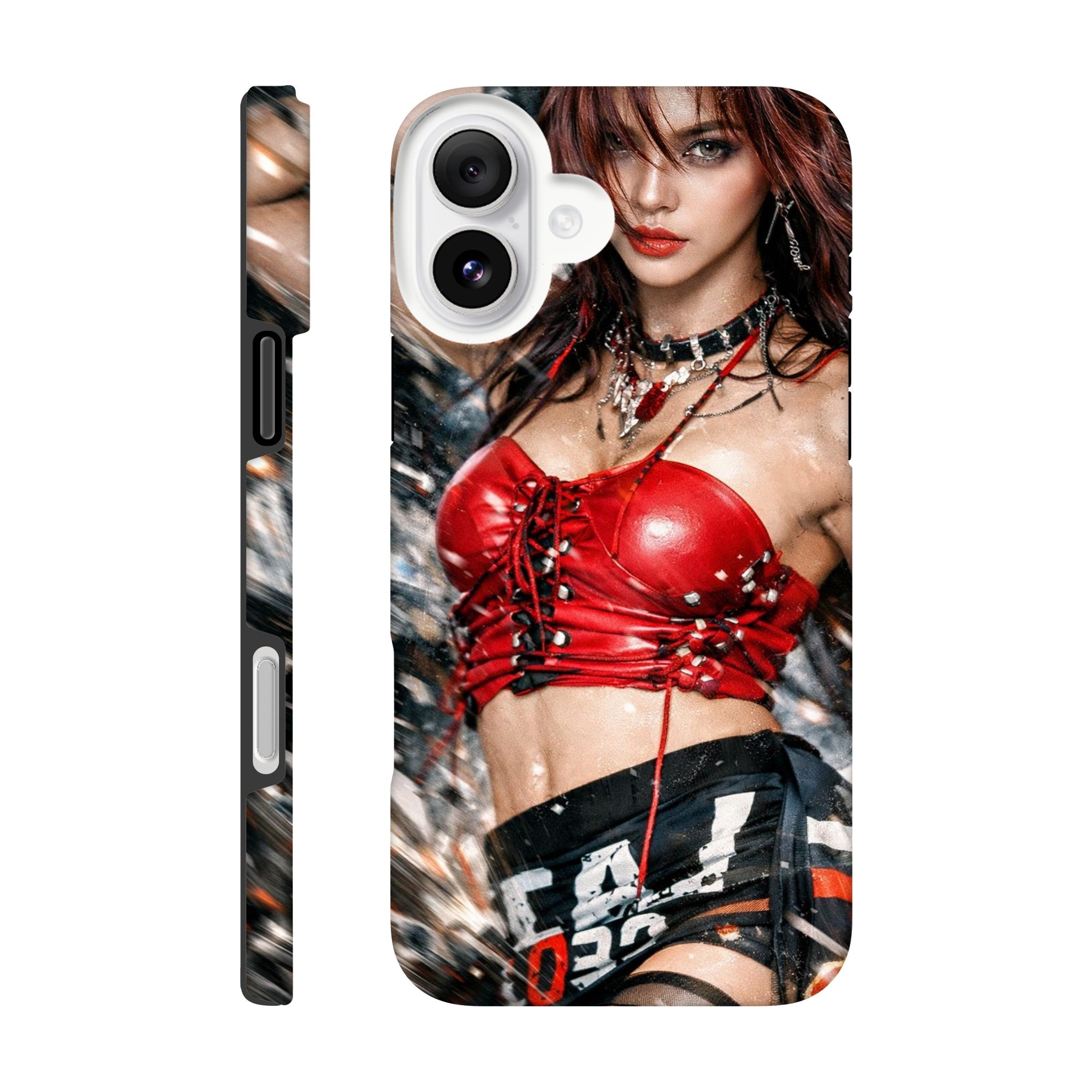 Phone case with a design of a person wearing a red outfit on a white background