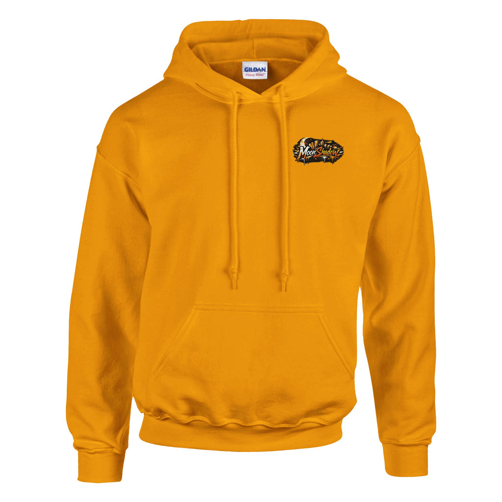 Yellow hoodie with a logo on the chest against a white background