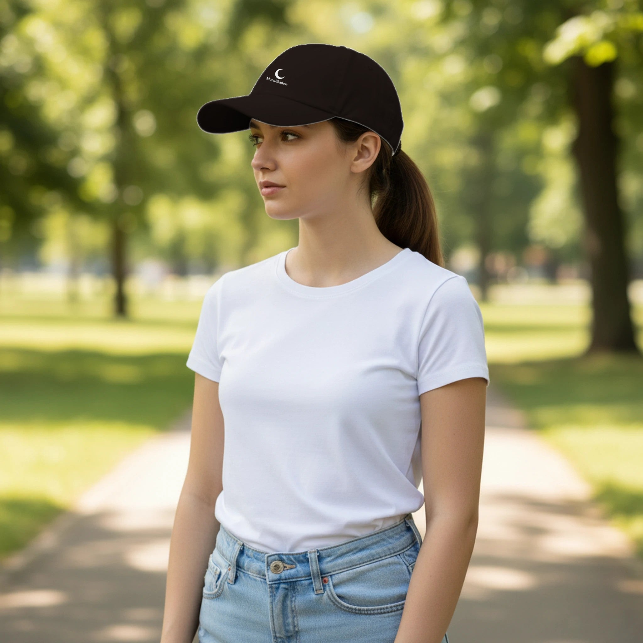 Woman wearing a black cap and white t-shirt in a park