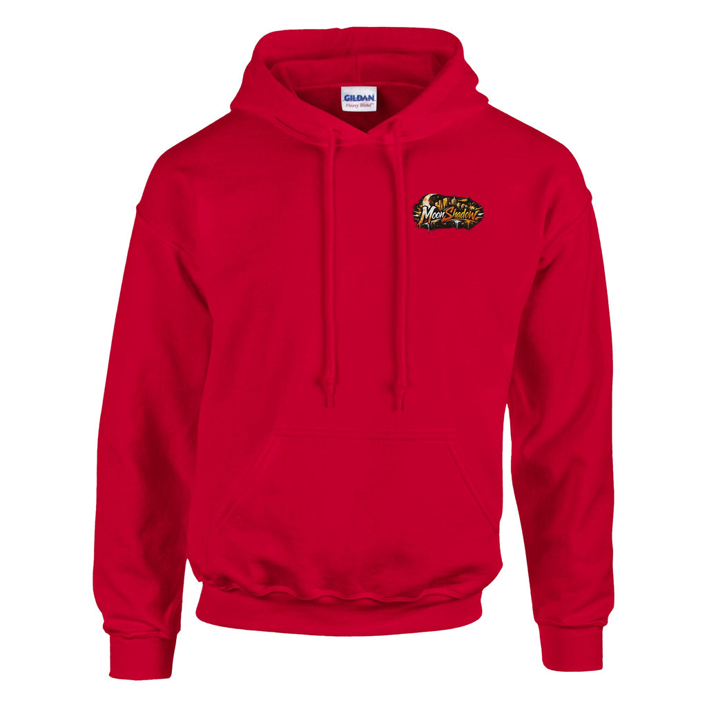 Red hoodie with a logo on the chest against a white background