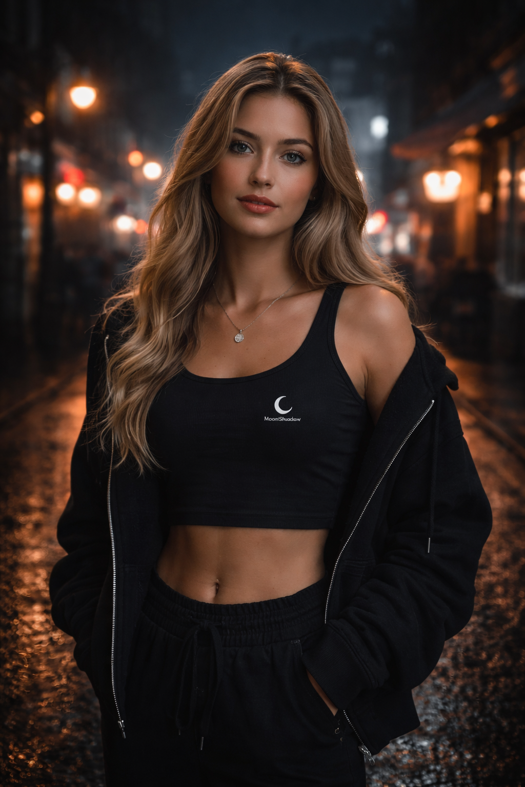 Woman wearing a black crop top with a logo in an urban night setting