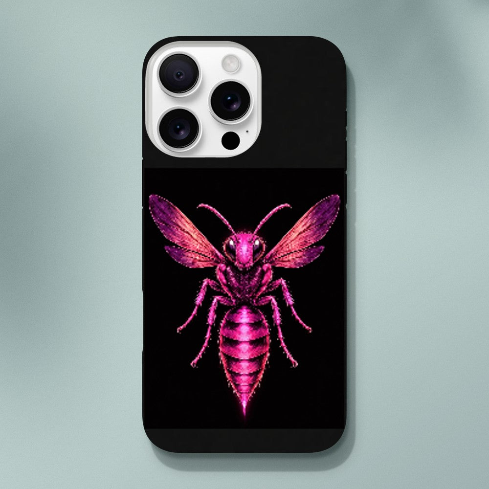 Phone case with a pink bee design on a black background