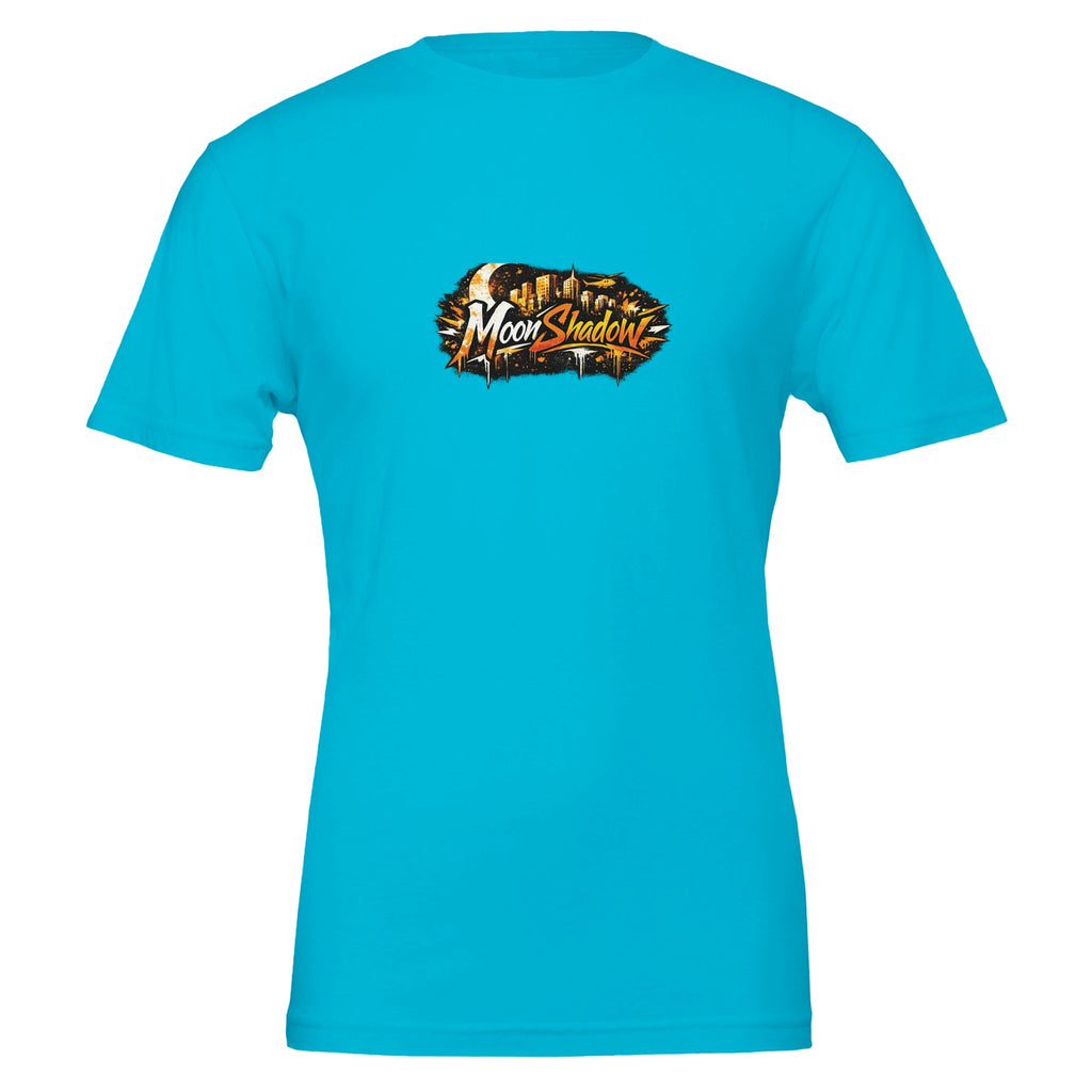 Blue t-shirt with 'Moon Shadow' logo on a white background