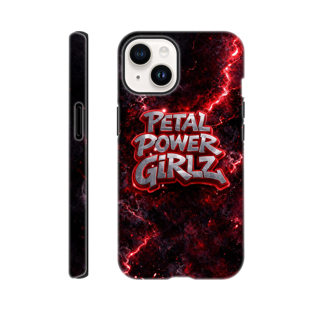 Phone case with 'Petal Power Girlz' design on a red and black background